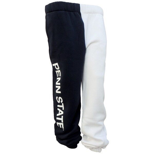 women's color block sweatpants, navy right leg with white Penn State, white left leg